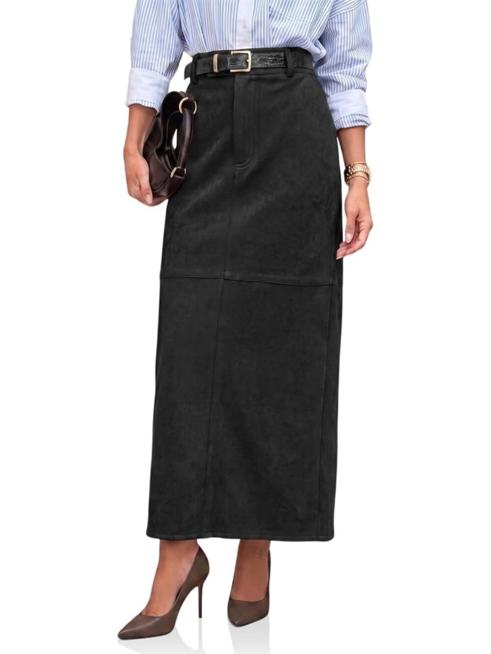 High-Waisted Suede Maxi Skirt with Slit | Stylish Patchwork Pencil Skirt for